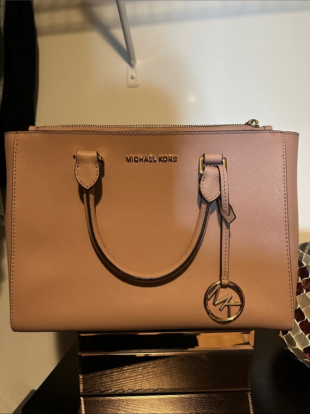 Michael Kors Pink Saffiano Leather Satchel with Logo Charm